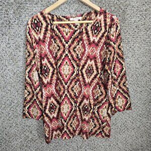 JM‎ Collection Top Womens Large Burgundy Jacquard Textured Blouse Stretch Ladies